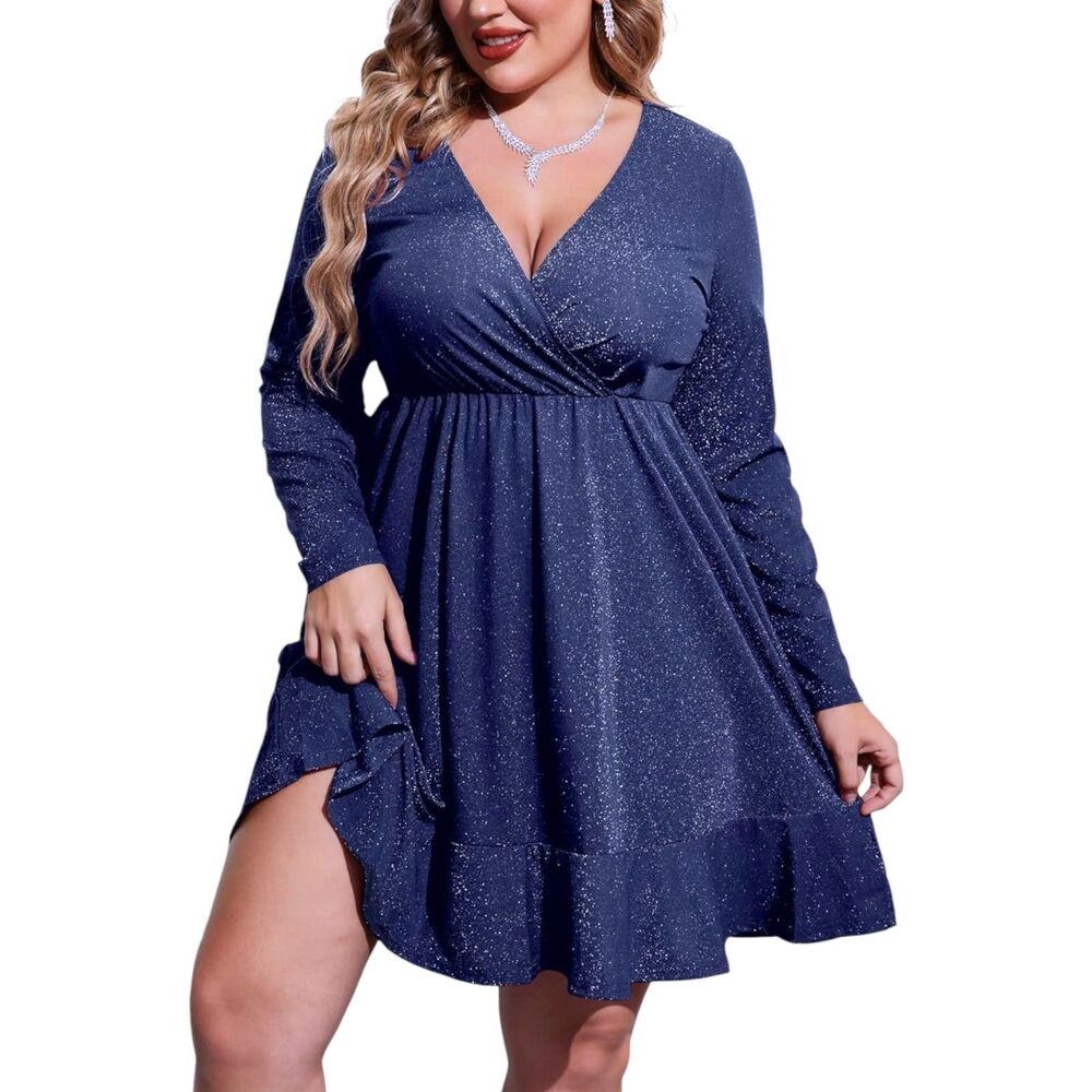 NWOT In Voland Evening Glitter Dress Blue Faux Wrap Plus Size 16W